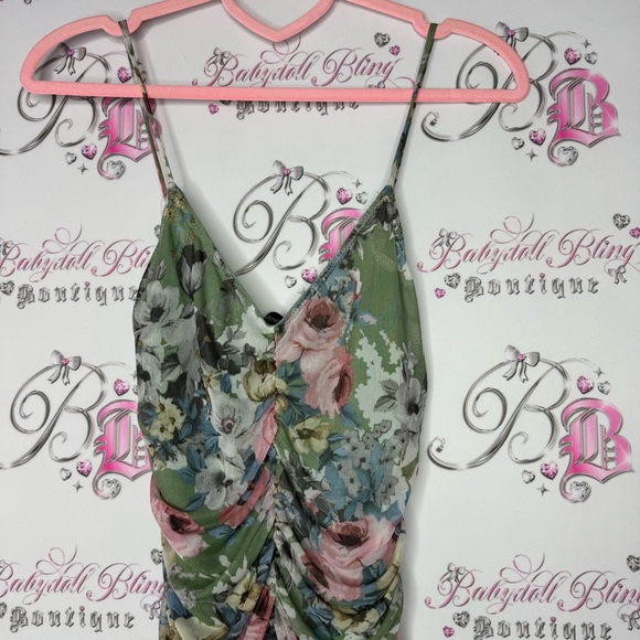 Mind code dress cinched stretchy mesh sexy flowers π Floral Green Dress - Picture 4 of 10